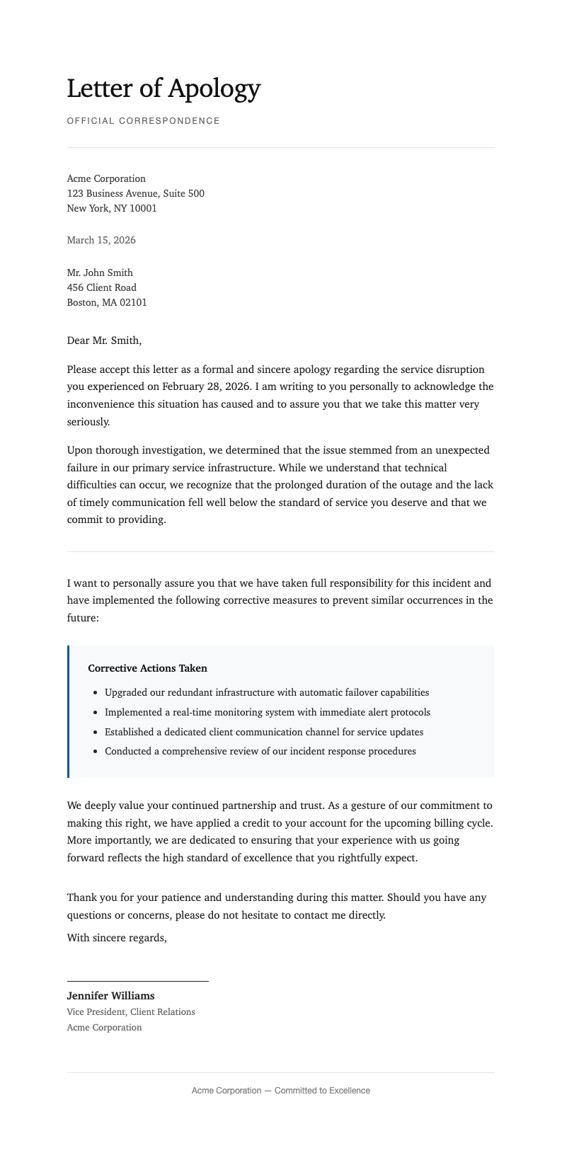 Classic professional apology letter